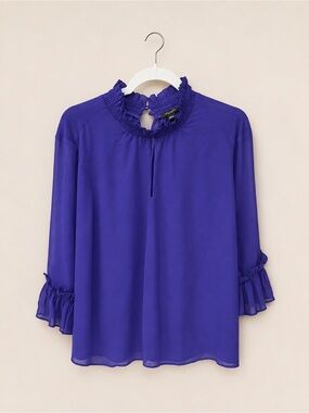 Ann Taylor Ruffled High-Neck Blouse in Vivid Purple